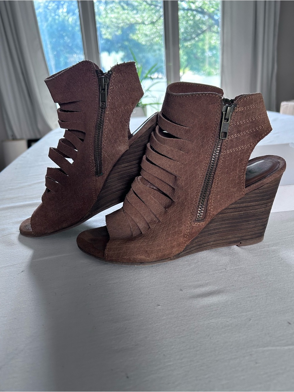Diba Brown Suede Open-Toe Strappy Wedge Sandals with Side Zipper